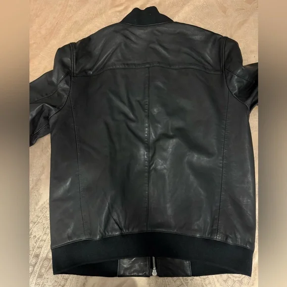 All Saints Niko Black Leather Bomber Jacket Sz L